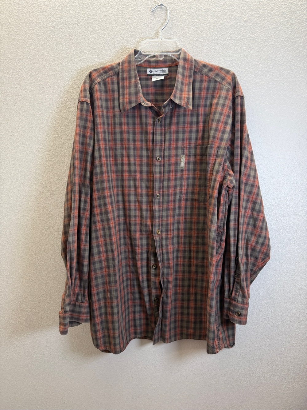 Columbia Men's Plaid Button-Down Shirt in Orange and Green